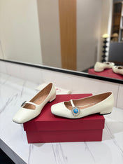 VALENTINO 26S MARY JANE FLATS IN WHITE CALFSKIN WITH CRYSTAL FLOWER