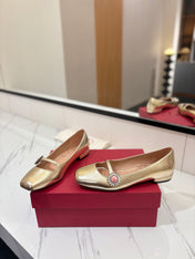 VALENTINO 26S MARY JANE FLATS IN METALLIC GOLD CALFSKIN WITH CRYSTAL FLOWER