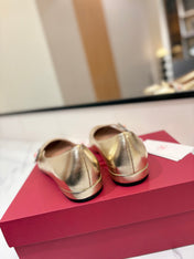 VALENTINO 26S MARY JANE FLATS IN METALLIC GOLD CALFSKIN WITH CRYSTAL FLOWER
