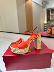 VLTN ESPADRILLE WEDGE SANDALS 25S 115 MM IN ORANGE LAMBSKIN