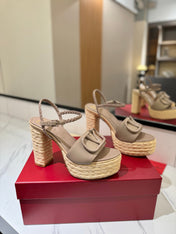 VLTN ESPADRILLE WEDGE SANDALS 25S 115 MM IN BEIGE BROWN LAMBSKIN
