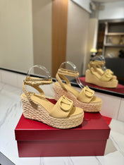 VLTN ESPADRILLE WEDGE SANDALS 25S 90 MM IN GOLDEN BEIGE LAMBSKIN STYLE 9