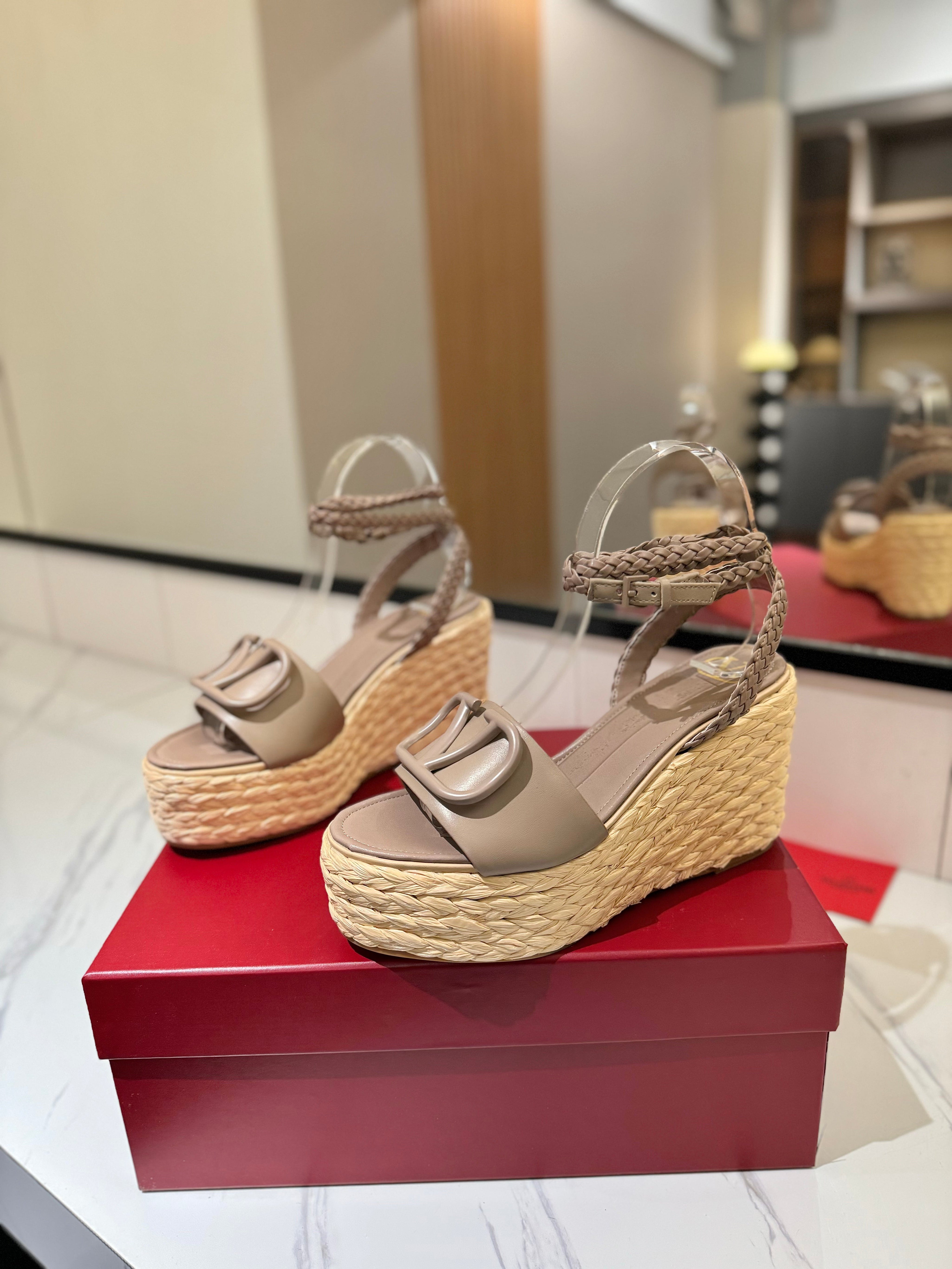 VLTN ESPADRILLE WEDGE SANDALS 25S 90 MM IN BEIGE BROWN LAMBSKIN STYLE 7