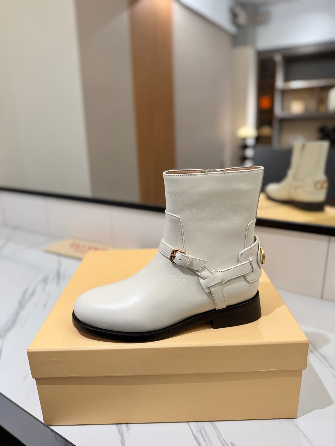 VALENTINO 25S PATTIE ANKLE BOOTS IN WHITE CALFSKIN WITH GOLD HARDWARE