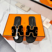 HM 26S ORAN SANDALS IN BLACK SUEDE WITH TAN BOWN BRAIDED TRIM