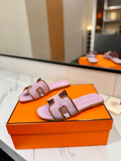HM 26S ORAN SANDALS IN LIGHT PURPLE SUEDE WITH TAN BOWN BRAIDED TRIM