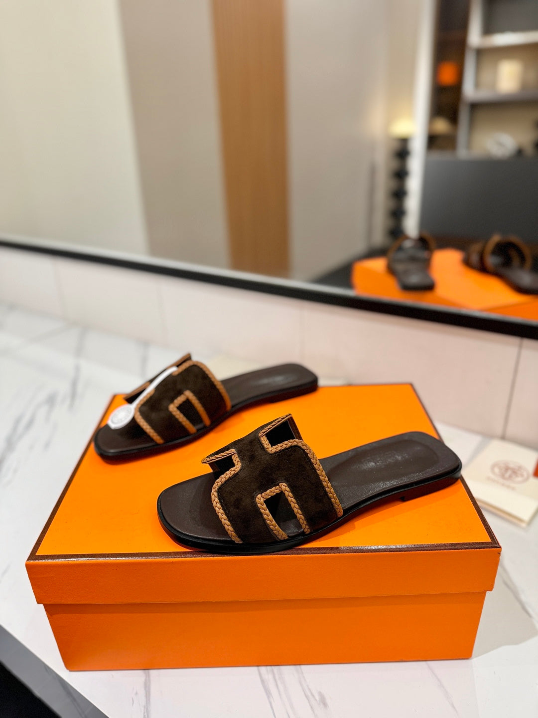 HM 26S ORAN SANDALS IN DARK BROWN SUEDE WITH TAN BOWN BRAIDED TRIM