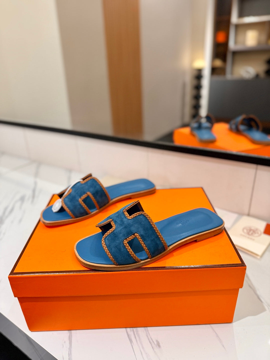 HM 26S ORAN SANDALS IN BLUE SUEDE WITH TAN BOWN BRAIDED TRIM