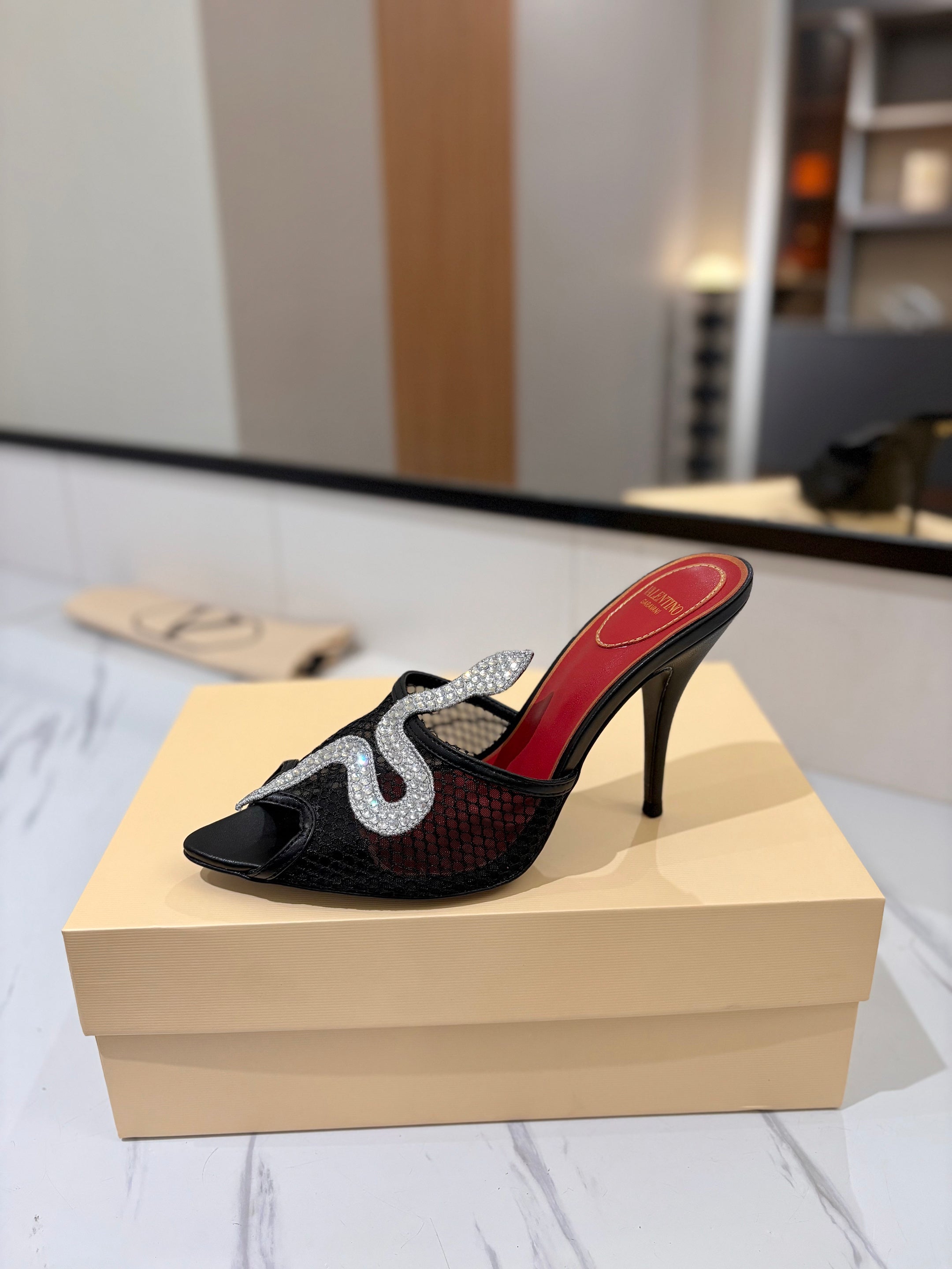VALENTINO 26S SNAKE STRAP SANDALS 100 MM IN BLACK CALFSKIN AND MESH