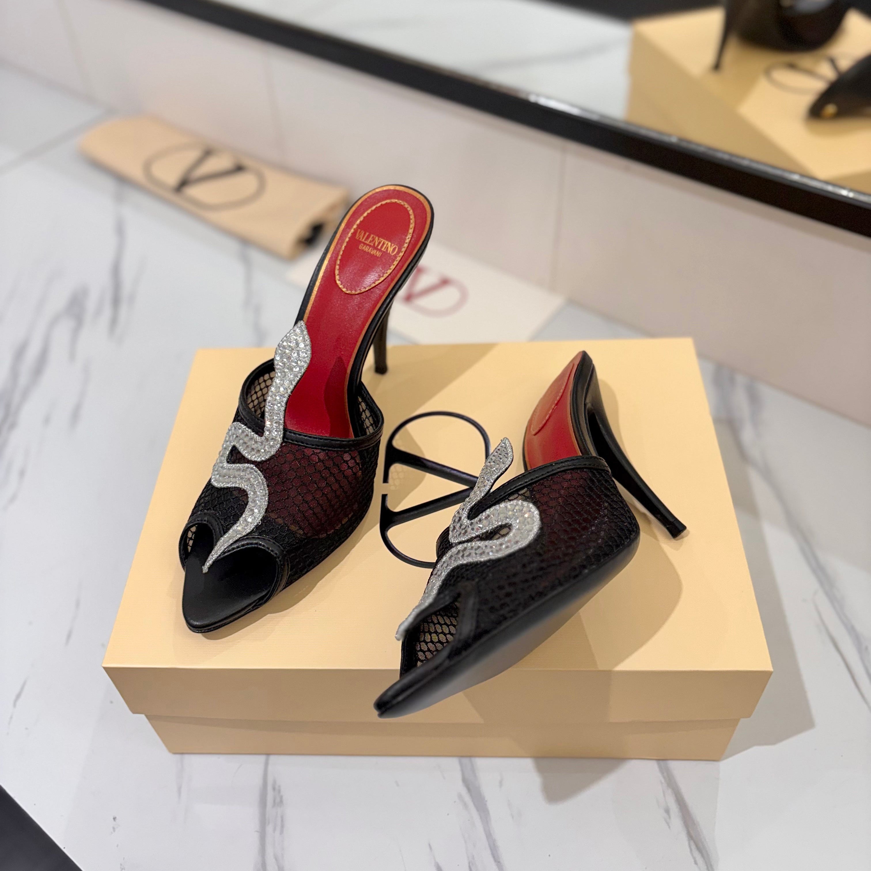 VALENTINO 26S SNAKE STRAP SANDALS 100 MM IN BLACK CALFSKIN AND MESH