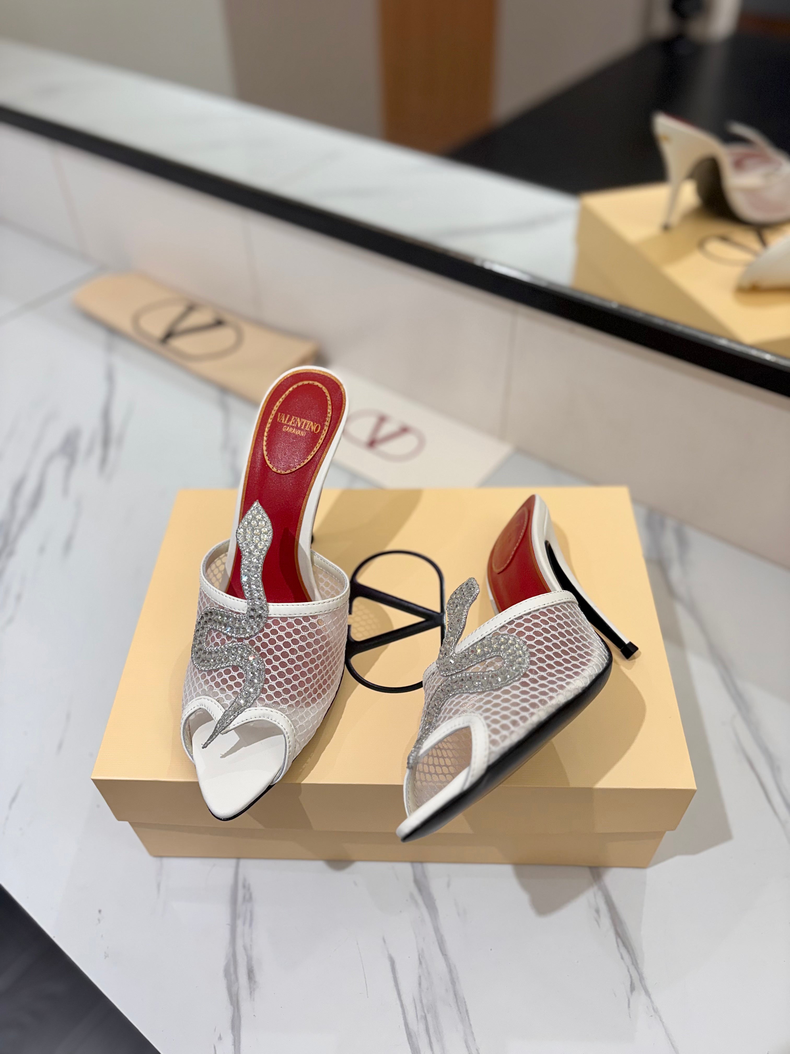 VALENTINO 26S SNAKE STRAP SANDALS 100 MM IN WHITE CALFSKIN AND MESH