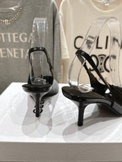 JUDY CAP TOE SLINGBACK 65MM IN BLACK SHINY CALFSKIN AND SILVER SNAKE EMBOSSED LEATHER