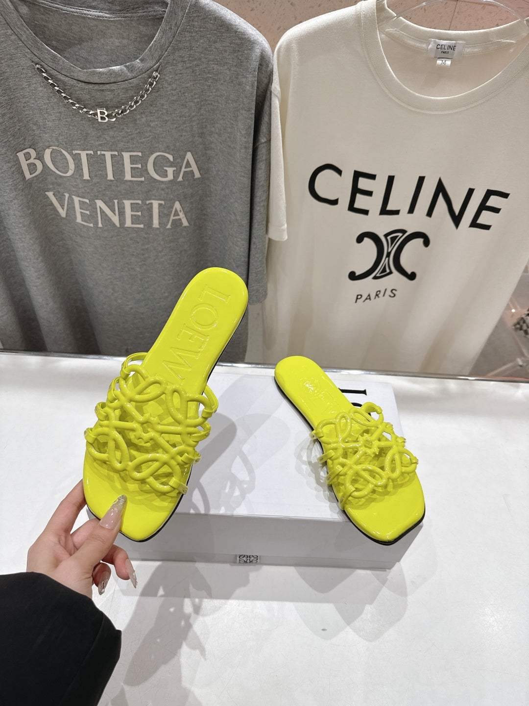 LOEWE 26S PETAL ANAGRAM SLIDE IN LEMON YELLOW CALFSKIN