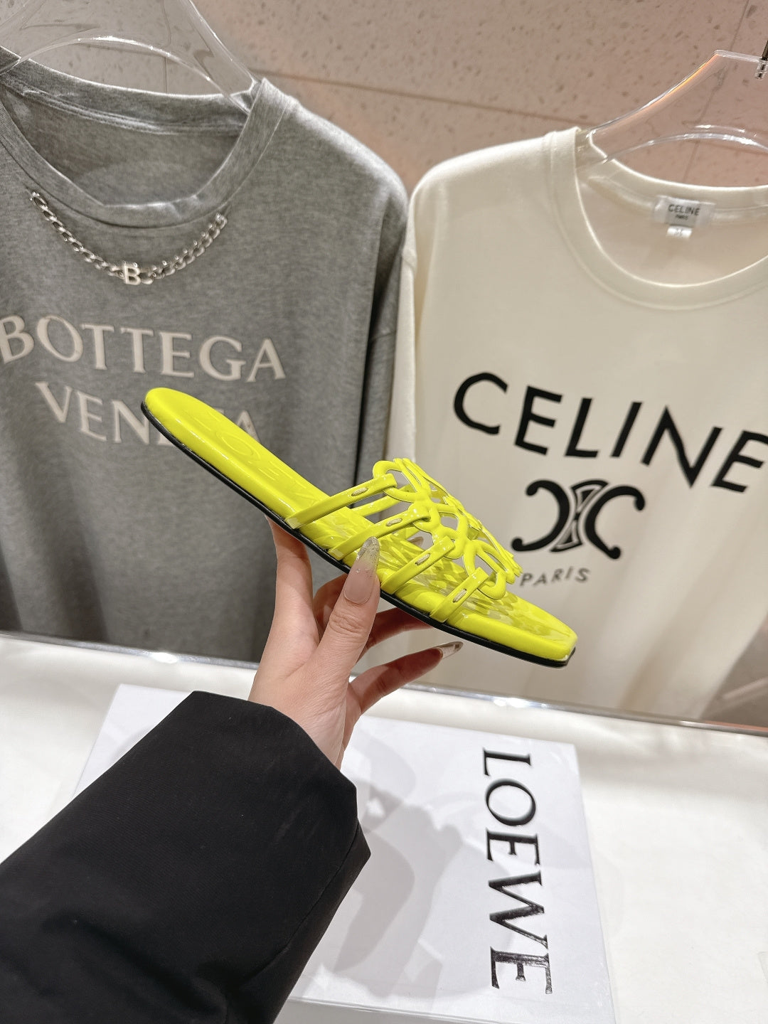 LOEWE 26S PETAL ANAGRAM SLIDE IN LEMON YELLOW CALFSKIN