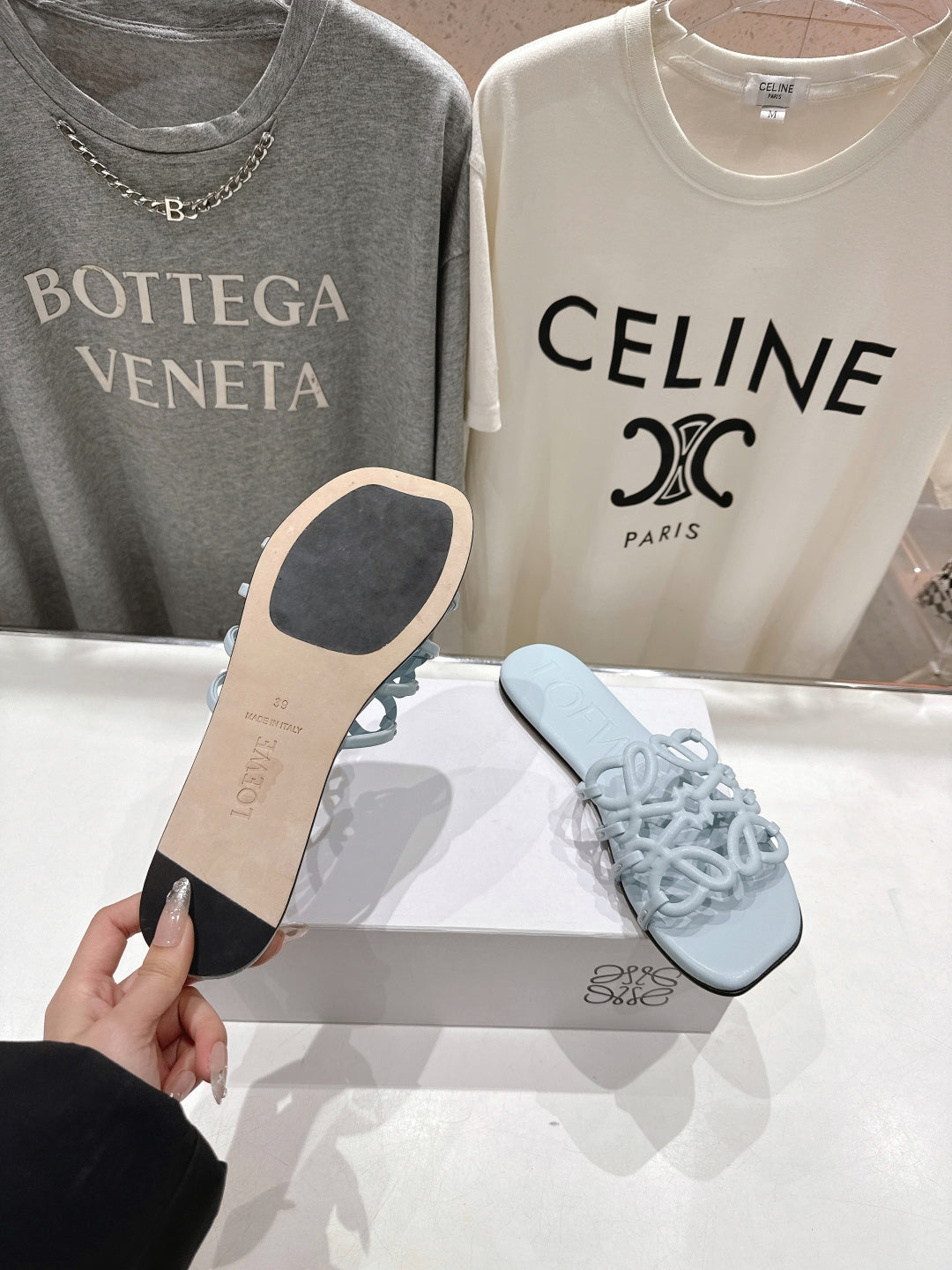 LOEWE 26S PETAL ANAGRAM SLIDE IN LIGHT BLUE CALFSKIN