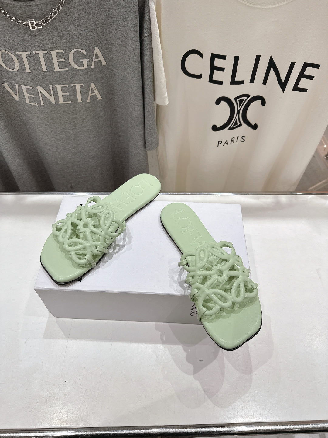 LOEWE 26S PETAL ANAGRAM SLIDE IN SAGE GREEN CALFSKIN