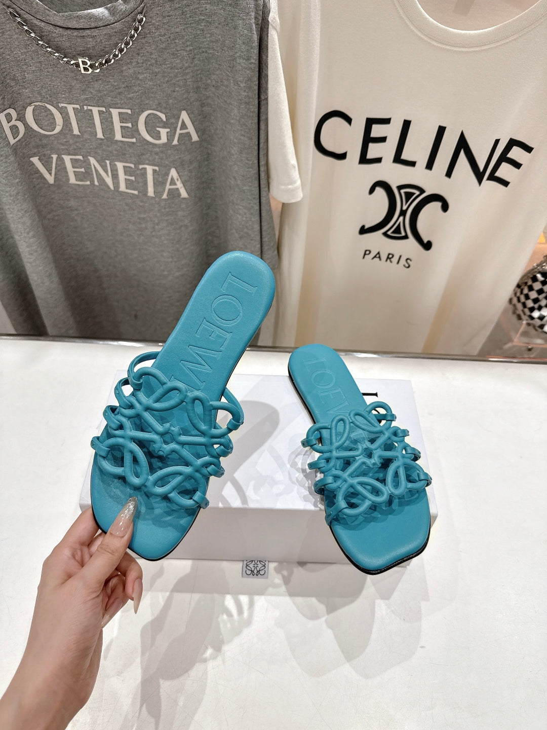 LOEWE 26S PETAL ANAGRAM SLIDE IN TEAL BLUE CALFSKIN