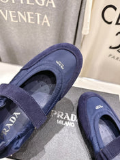 PRADA 25S COLLAPSE RE NYLON AND SUEDE BALLERINAS IN DARK BLUE