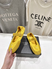PRADA 25S COLLAPSE RE NYLON AND SUEDE BALLERINAS IN LEMON YELLOW