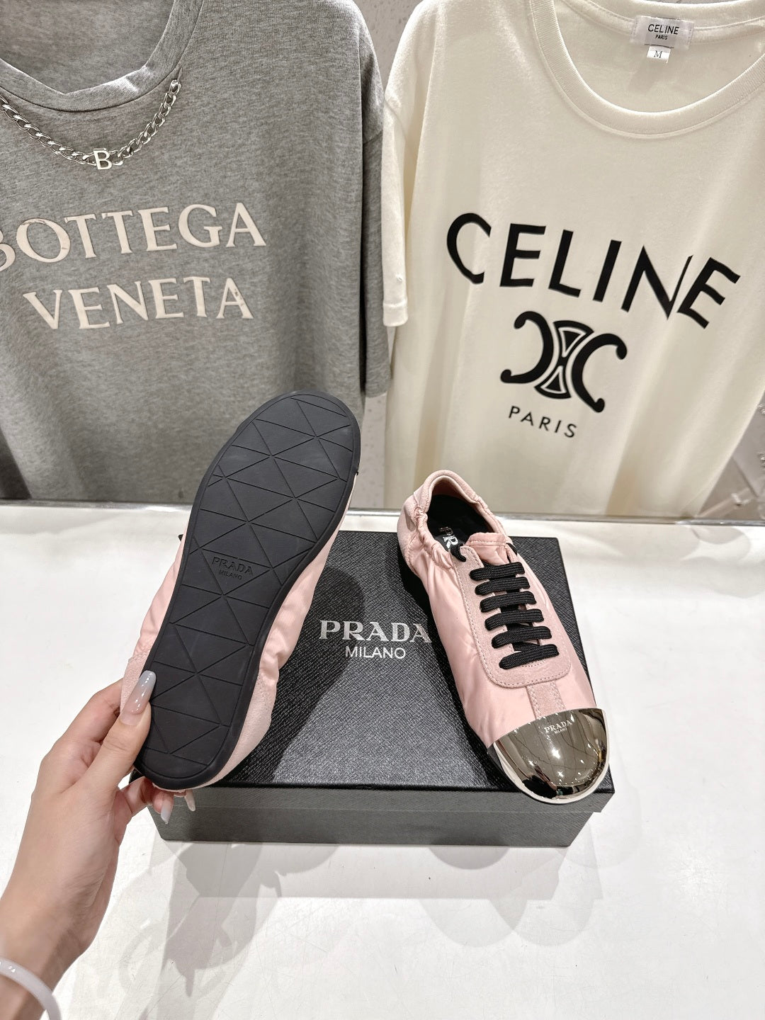 PRADA 25S COLLAPSE RE NYLON AND SUEDE SNEAKERS IN LIGHT PINK WITH METAL TOECAP