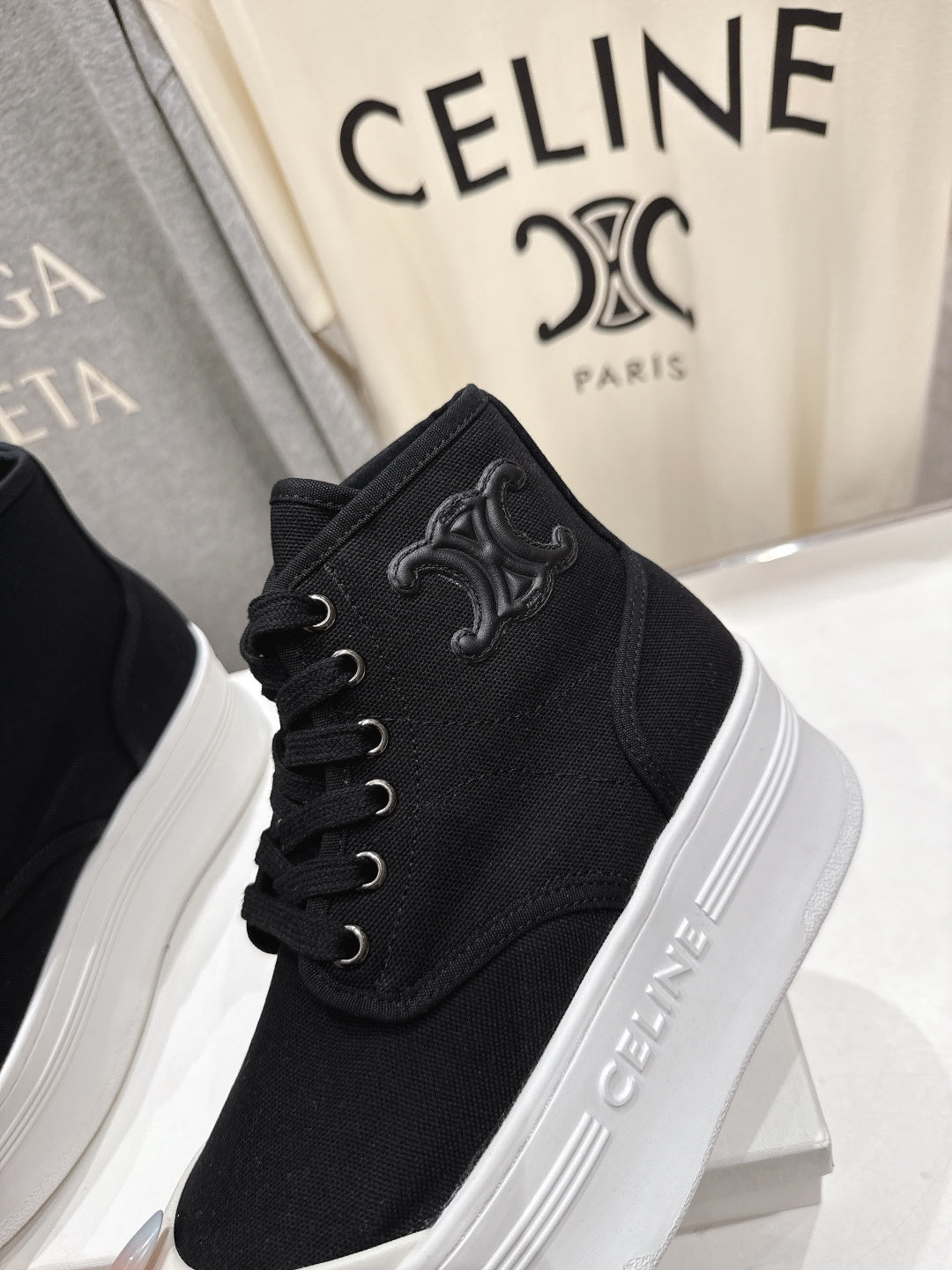 CELINE 26S BOOTS IN WHITE AND BLACK CANVAS