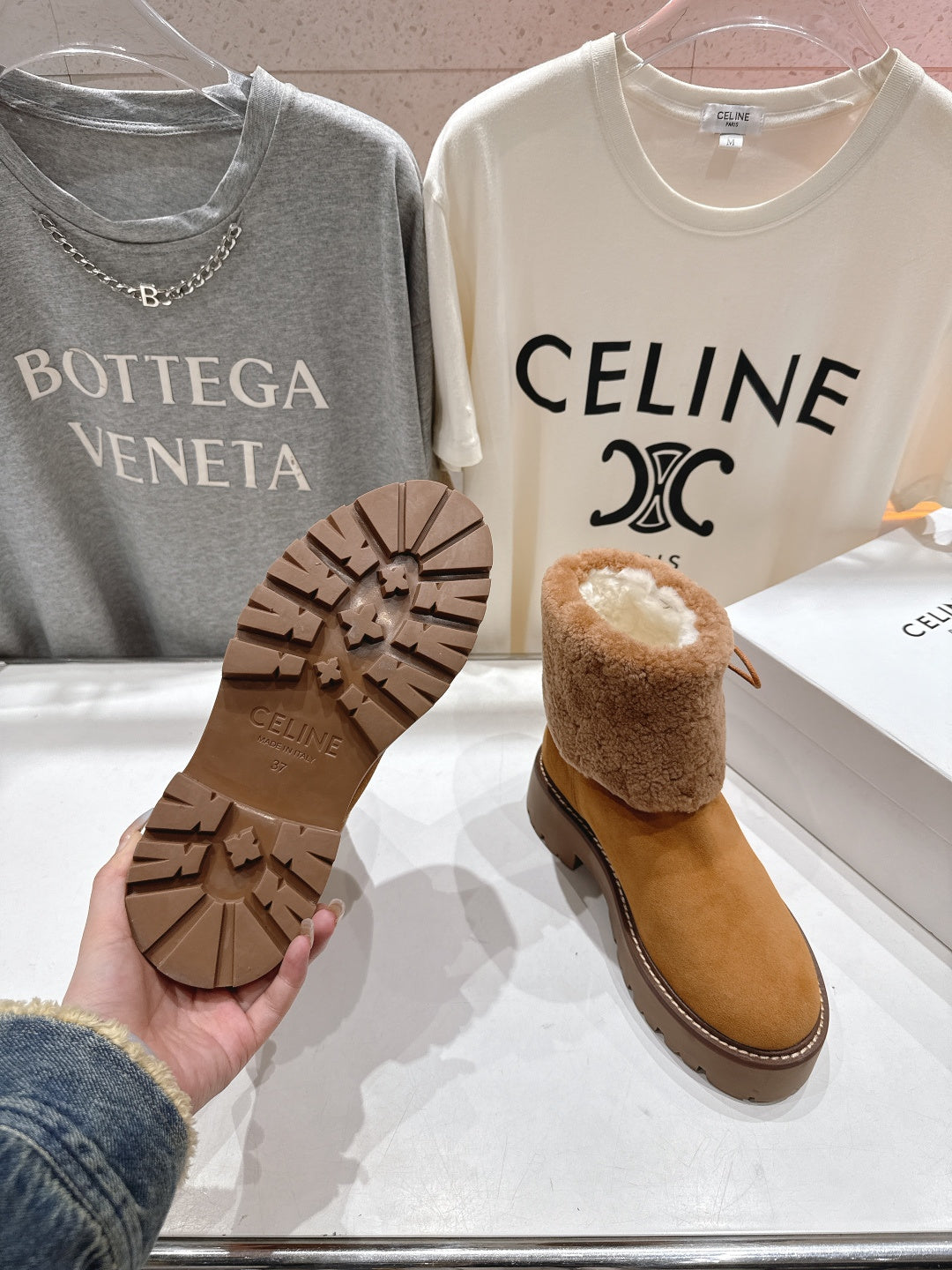 CELINE 26S FUR-TRIM ANKLE BOOTS IN BROWN SUEDE