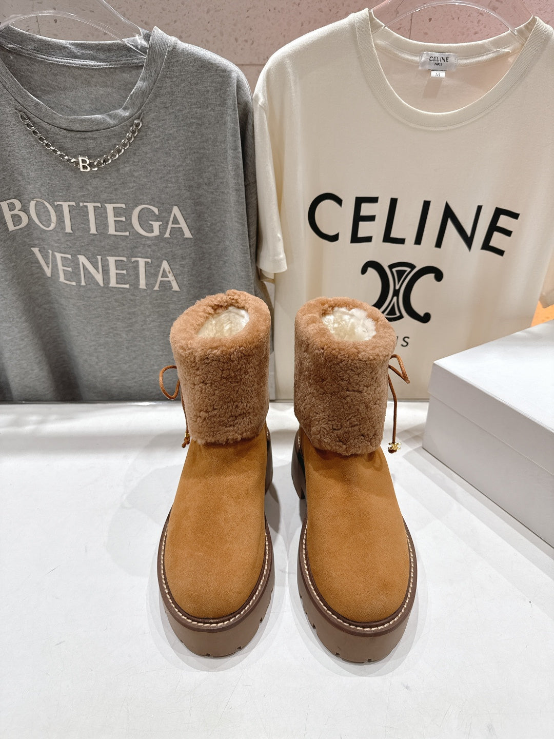 CELINE 26S FUR-TRIM ANKLE BOOTS IN BROWN SUEDE