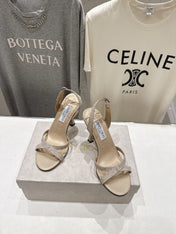 JIMMY CHOO 26S HIGH-HEELED SANDALS 100 MM IN LIGHT BEIGE GLITTER FABRIC
