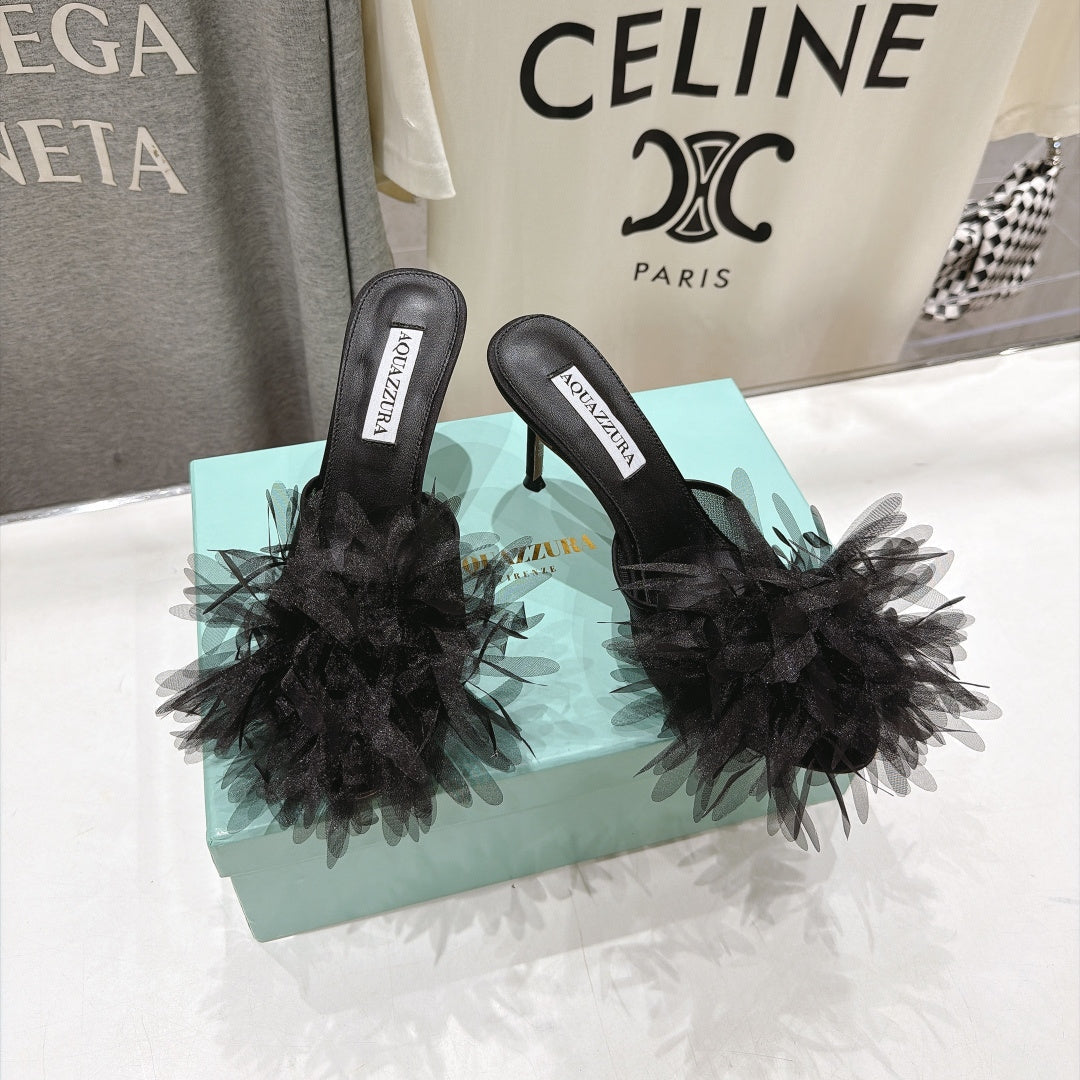 AQUAZZURA 26S BOUQUET HEELED SANDALS 80 MM IN BLACK SATIN & CALFSKIN