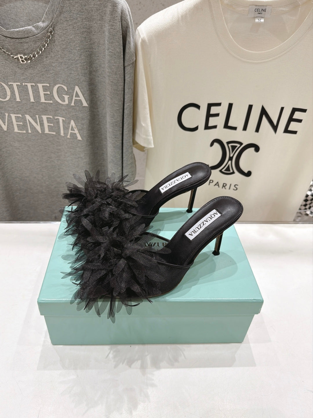 AQUAZZURA 26S BOUQUET HEELED SANDALS 80 MM IN BLACK SATIN & CALFSKIN
