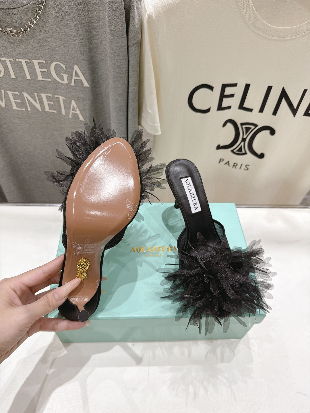 AQUAZZURA 26S BOUQUET HEELED SANDALS 80 MM IN BLACK SATIN & CALFSKIN
