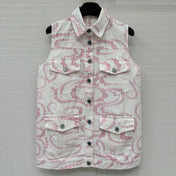 CC 25 Printed Denim Vest Jacket Pink White Cotton