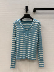 DIOR MUTED BLUE-GREY STRIPED LONG-SLEEVE KNIT SWEATER