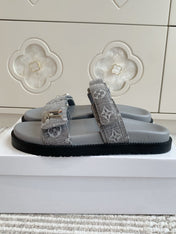 LV TWO-STRAP SANDALS 25S IN GREY DENIM AND CALFSKIN  WITH SILVER HARDWARE