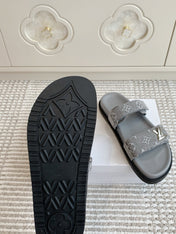 LV TWO-STRAP SANDALS 25S IN GREY DENIM AND CALFSKIN  WITH SILVER HARDWARE