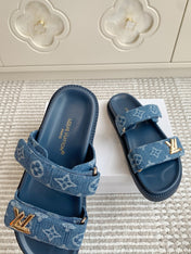 LV TWO-STRAP SANDALS 25S IN BLUE DENIM AND CALFSKIN WITH GOLD HARDWARE