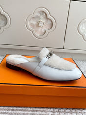 HM 25S CATENA MULE IN BEIGE SHEARLING AND WHITE LAMBSKIN WITH SILVER HARDWARE