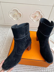 HM 25S FRENCHIE 50 ANKLE BOOT 50 MM IN BLACK SUEDE WITH SILVER HARDWARE