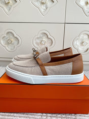 HM 25S SLIP-ON IN LIGHT BEIGE CANVAS AND BROWN LAMBSKIN WITH SILVER HARDWARE