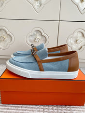 HM 25S SLIP-ON IN SKY BLUE CANVAS AND BROWN LAMBSKIN WITH SILVER HARDWARE