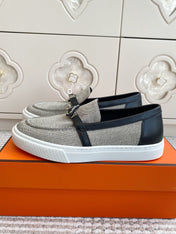 HM 25S SLIP-ON IN GREY CANVAS AND BLACK LAMBSKIN WITH SILVER HARDWARE