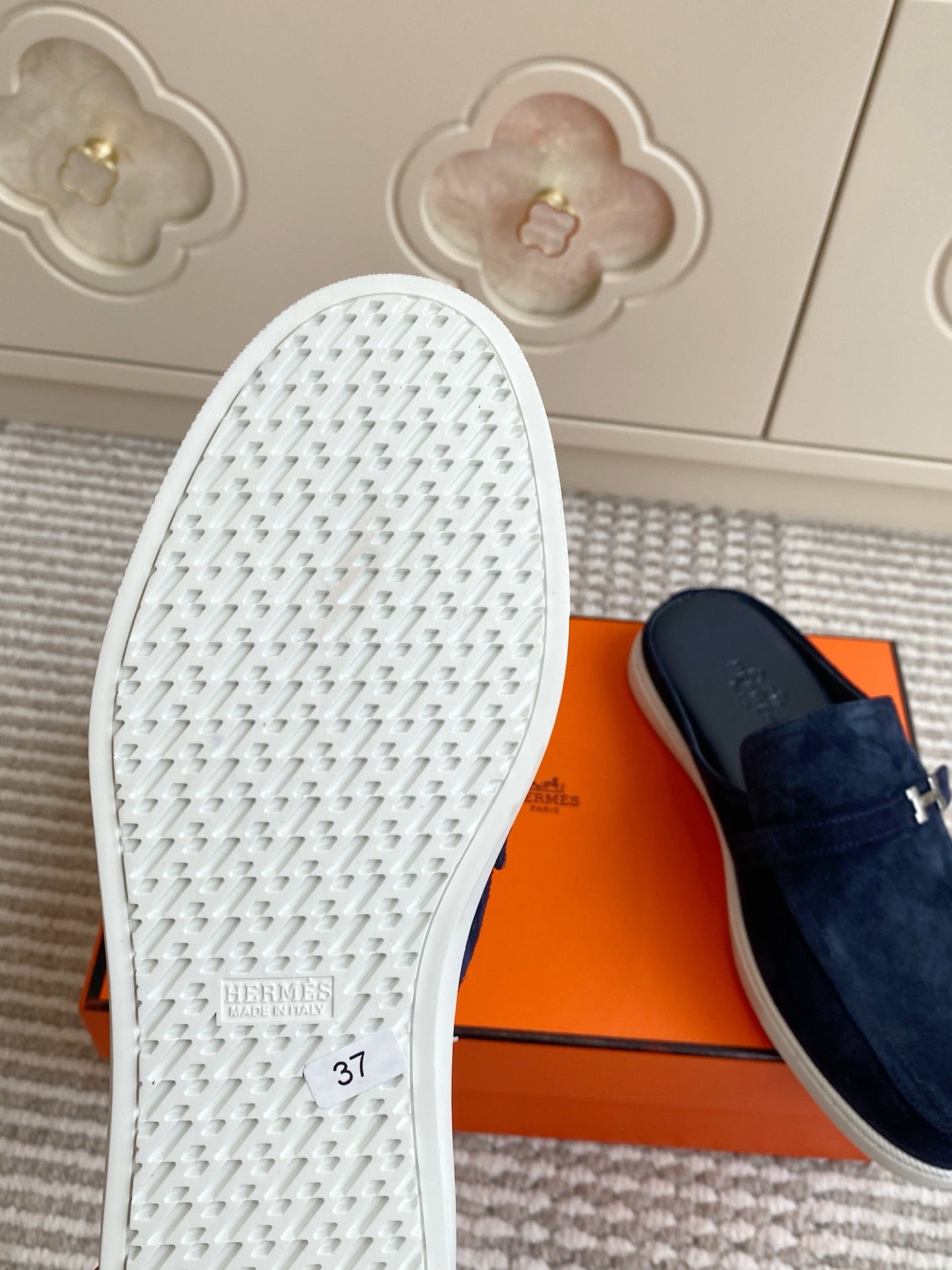 HM 25S MULES IN NAVY BLUE SUEDE WITH SILVER HARDWARE