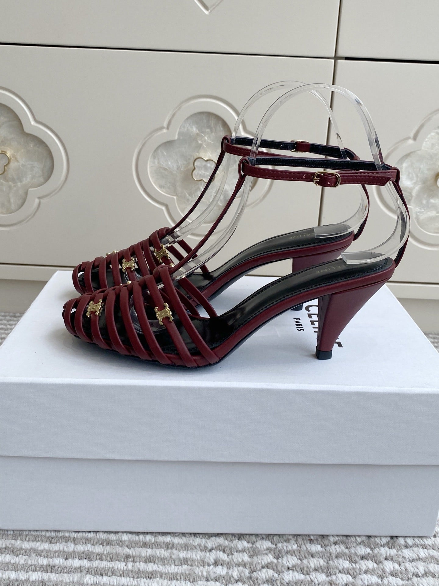 CELINE 26S CLEA TRIOMPHE GLADIATOR HEEL SANDALS 60 MM IN DARK RED LAMBSKIN