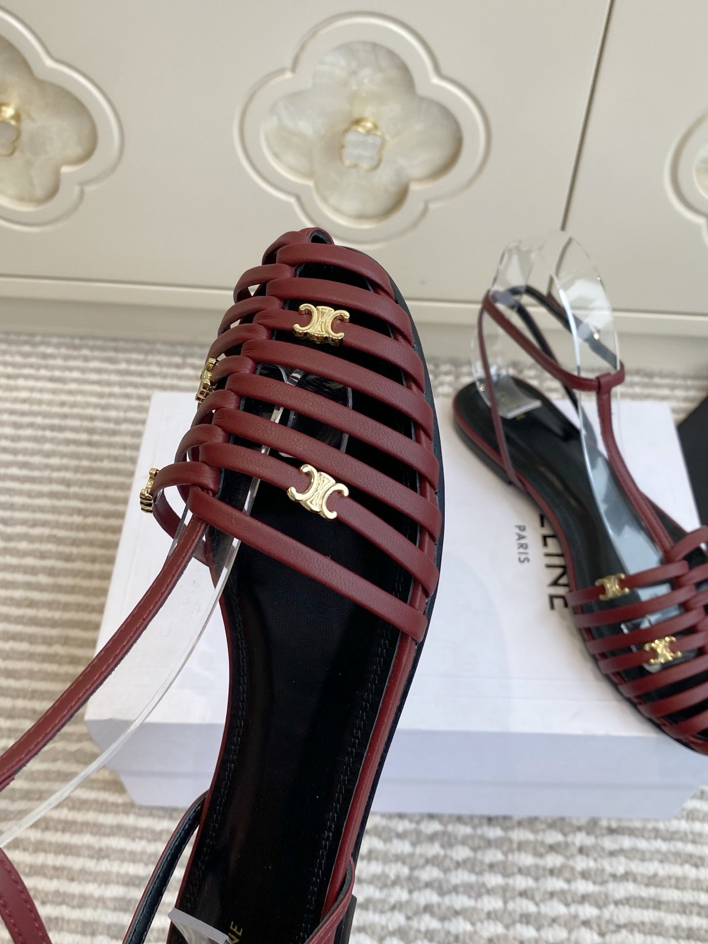 CELINE 26S CLEA TRIOMPHE GLADIATOR SANDALS IN DARK RED LAMBSKIN