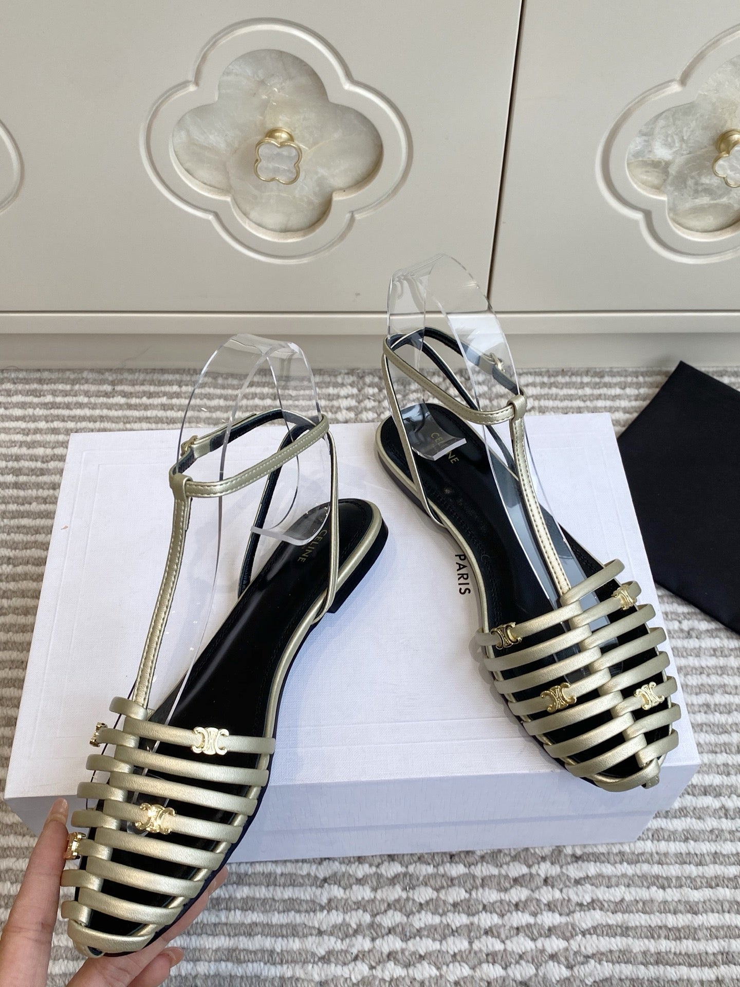 CELINE 26S CLEA TRIOMPHE GLADIATOR SANDALS IN CHAMPAGNE GOLD LAMBSKIN
