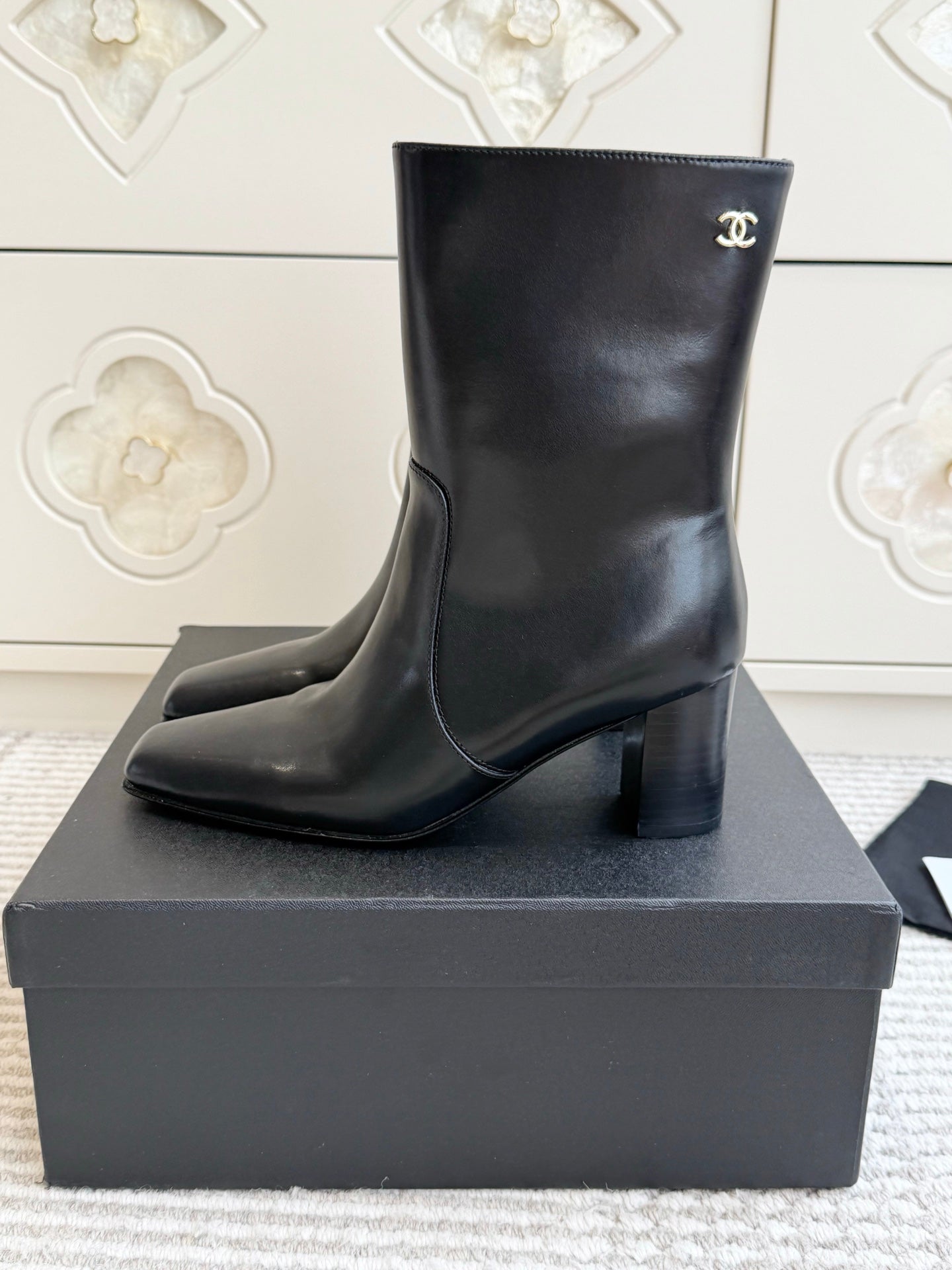 CHANEL 26S HIGH HEEL ANKLE BOOTS 70 MM IN BLACK CALFSKIN SQUARE TOE