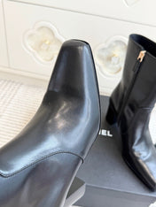CHANEL 26S HIGH HEEL ANKLE BOOTS 70 MM IN BLACK CALFSKIN SQUARE TOE
