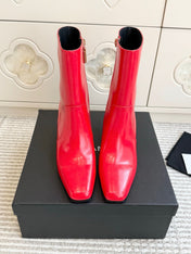 CHANEL 26S HIGH HEEL ANKLE BOOTS 70 MM IN RED CALFSKIN SQUARE TOE