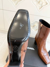 CHANEL 26S HIGH HEEL ANKLE BOOTS 70 MM IN BROWN CALFSKIN SQUARE TOE