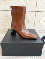 CHANEL 26S HIGH HEEL ANKLE BOOTS 70 MM IN BROWN CALFSKIN SQUARE TOE